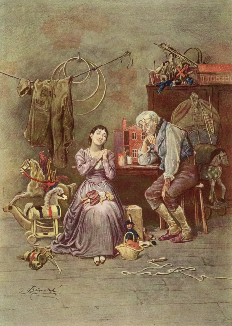 Caleb Plummer ja hänen sokea tyttärensä, kohtaus Charles Dickensin (1812-70) elokuvasta The Cricket on the Hearth (1845) tekijältä Frederick Barnard
