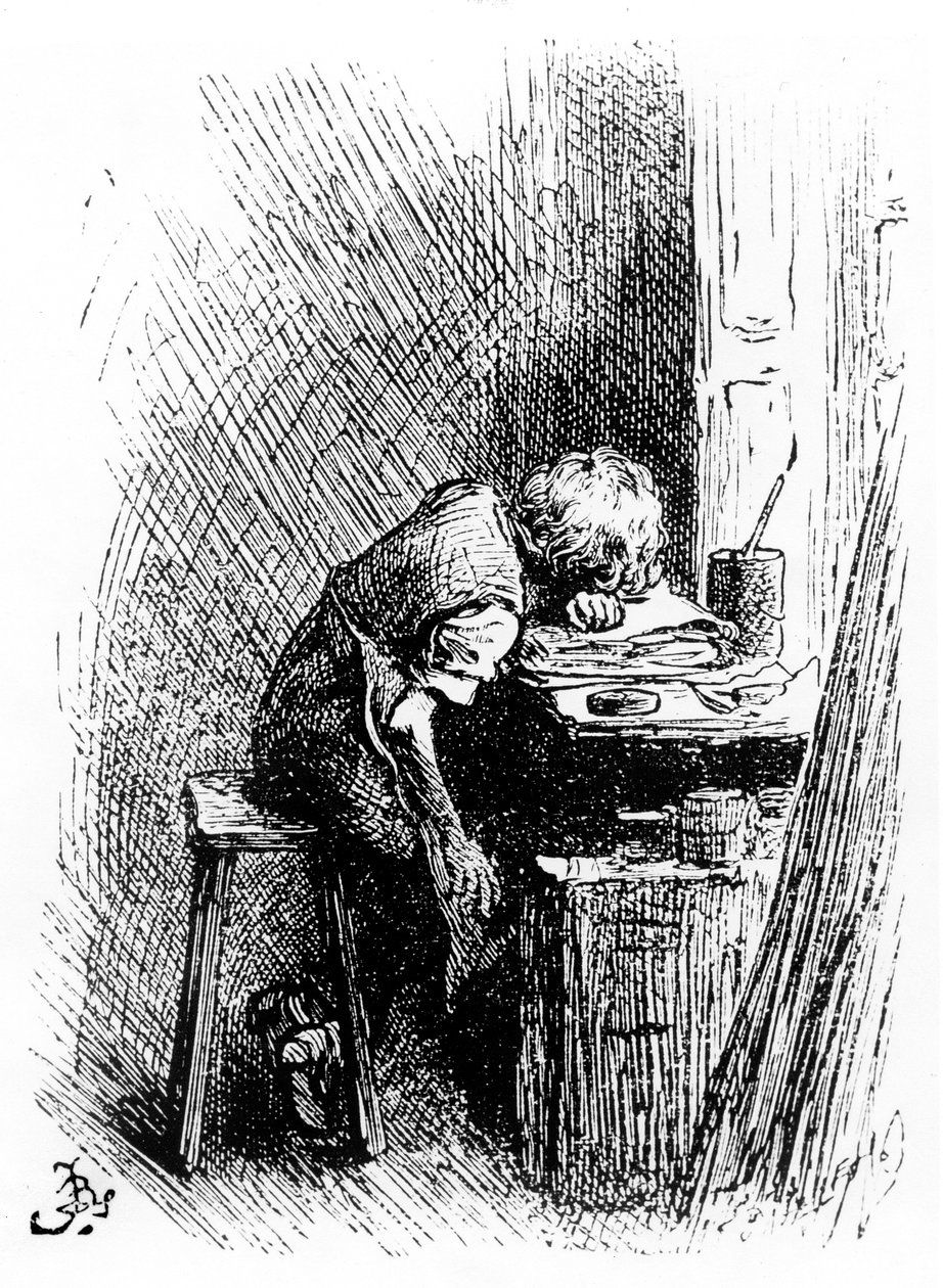 Charles Dickens Blacking Factoryssa, kuvitus teoksesta "The Leisure Hour", 1904 (kaiverrus) tekijältä Frederick Barnard