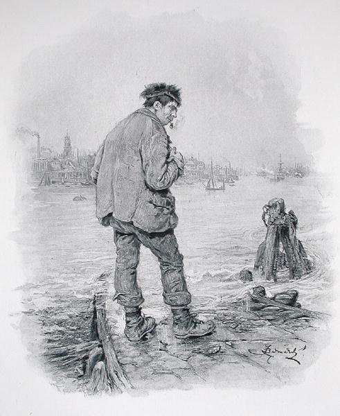Rogue Riderhood at Limehouse Hole, Thomas Archerin teoksesta "Charles Dickens: A Gossip about his Life", julkaistu noin 1894 (litho) tekijältä Frederick Barnard