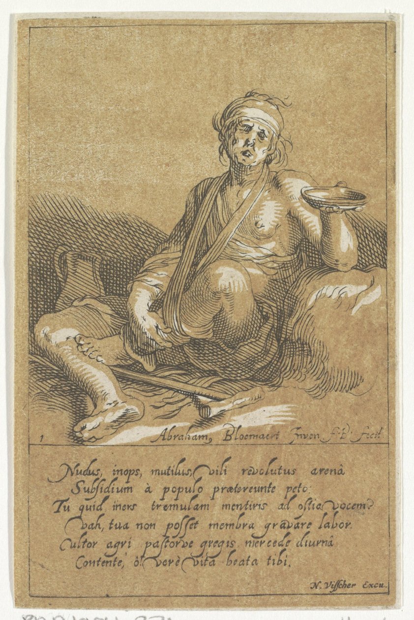 Rajautunut kerjäläinen kulholla Pienet hahmot (sarjan nimi) tekijältä Frederick Bloemaert
