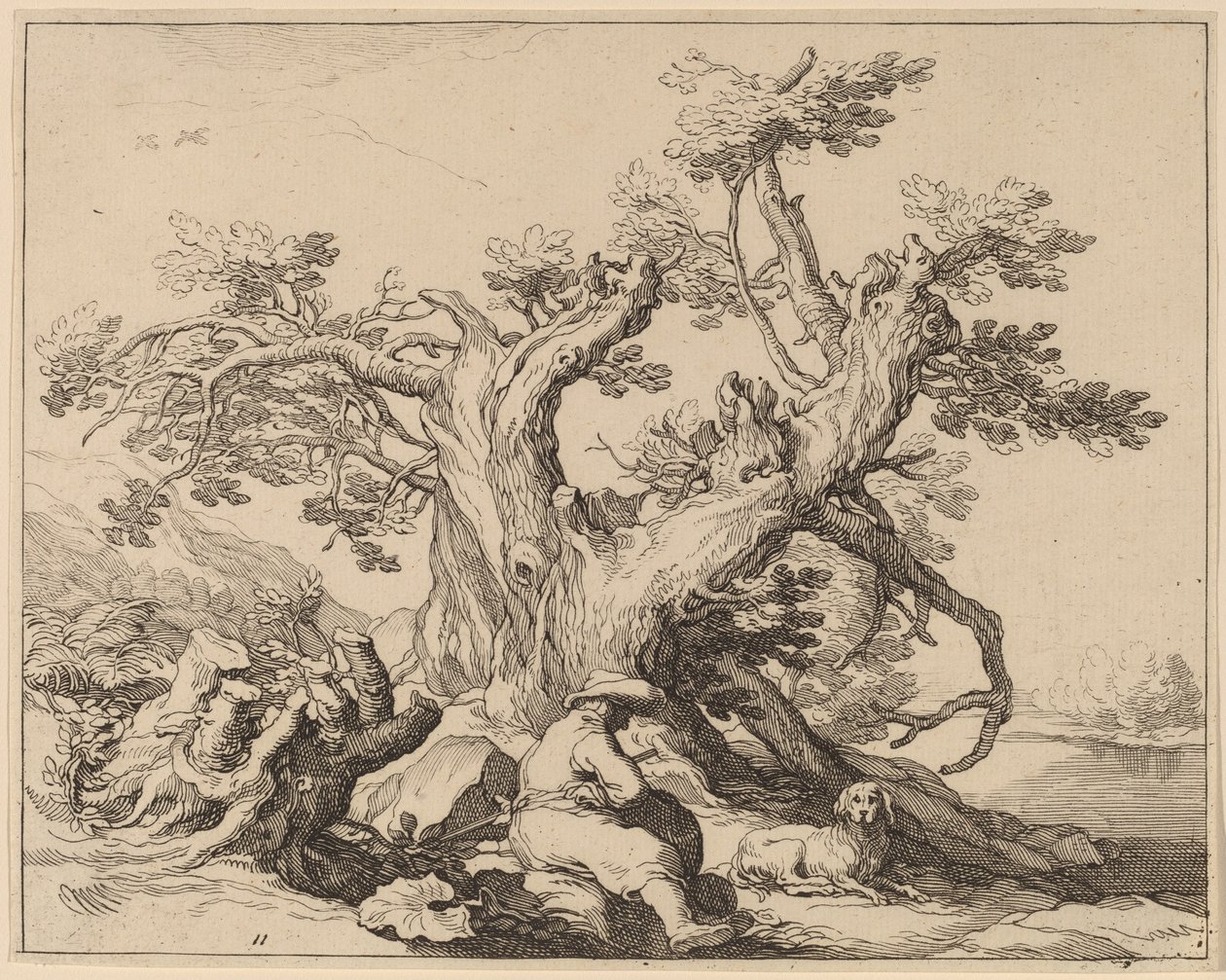 Mies ja hänen koiransa lepäämässä suuren puun vieressä tekijältä Frederick Bloemaert after Abraham Bloemaert