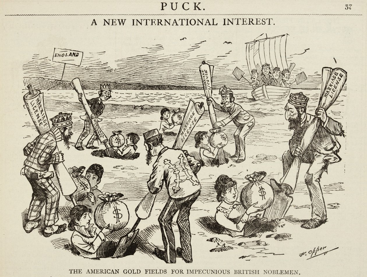 Sarjakuva "The American Gold Fields for Impecunious British Noblemen", 1880 tekijältä Frederick Burr Opper
