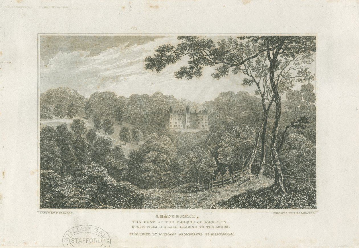 Beaudesert Hall and Park: kaiverrus, nd [c 1830] tekijältä Frederick Calvert