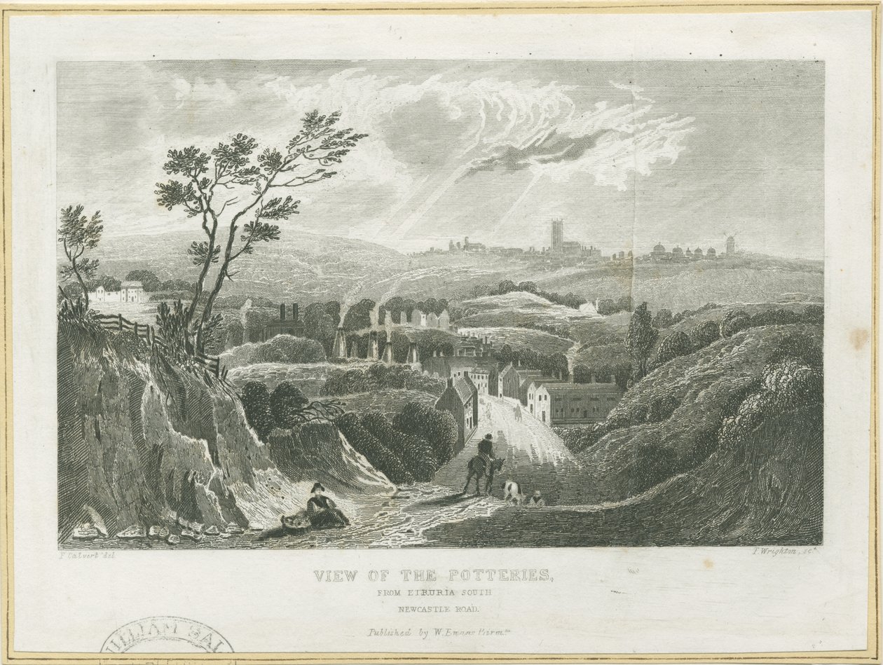 Burslem – Näkymä keramiikasta: kaiverrus, nd [c 1830-luku] tekijältä Frederick Calvert