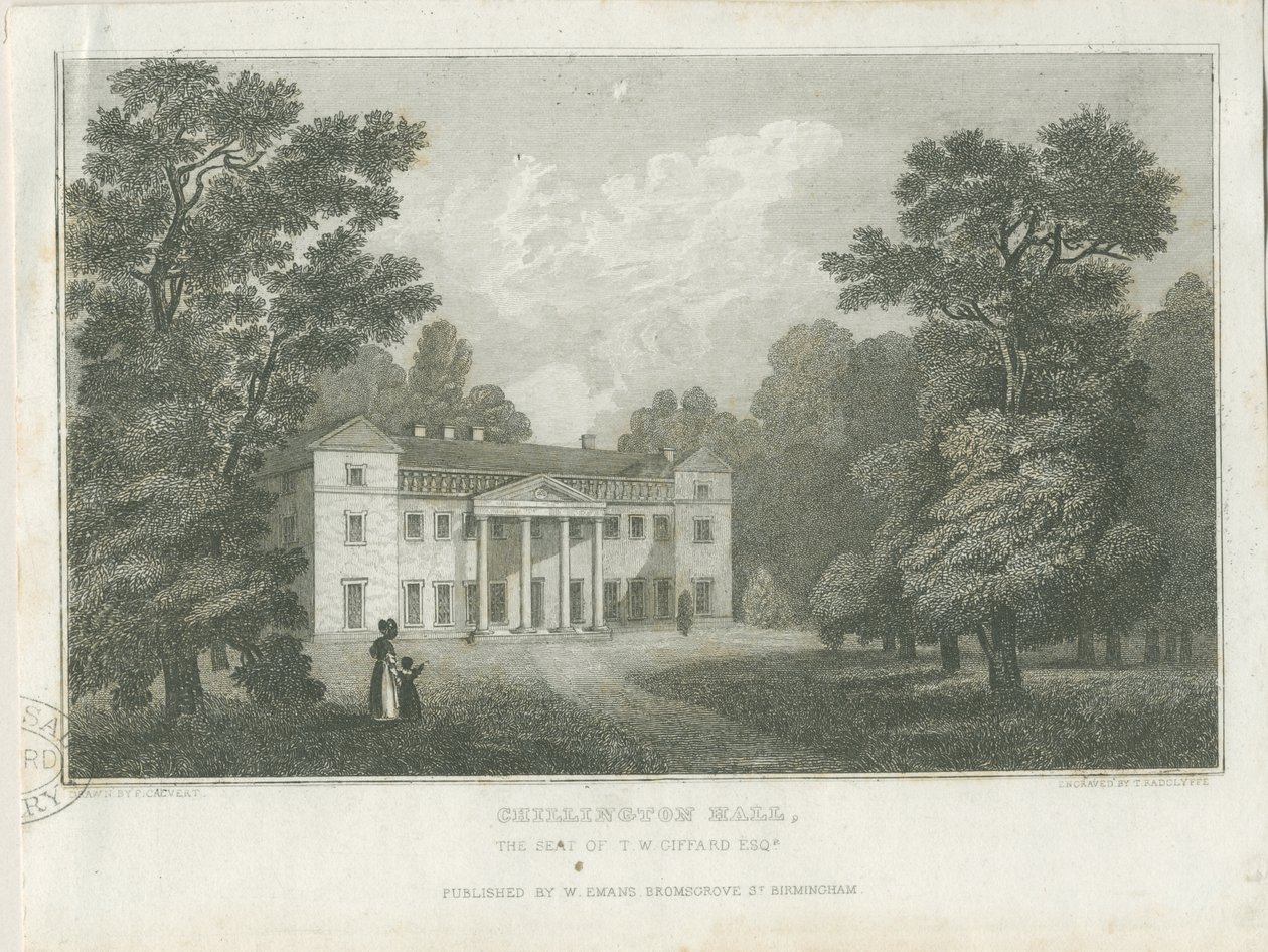 Chillington Hall: kaiverrus, nd [1830] (vedos) (painettu) tekijältä Frederick Calvert