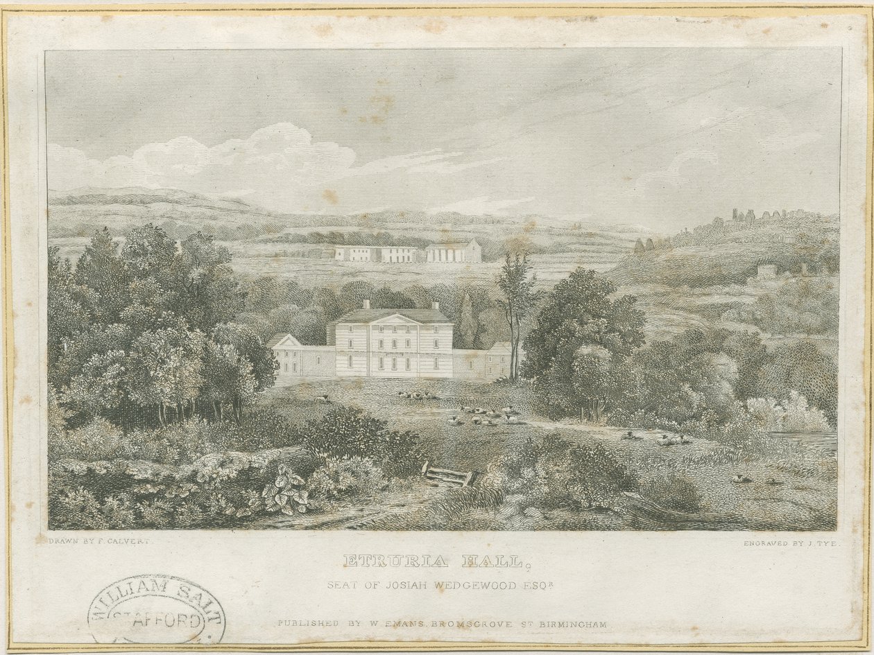 Etruria Hall: kaiverrus, nd [c 1830] (painettu) tekijältä Frederick Calvert