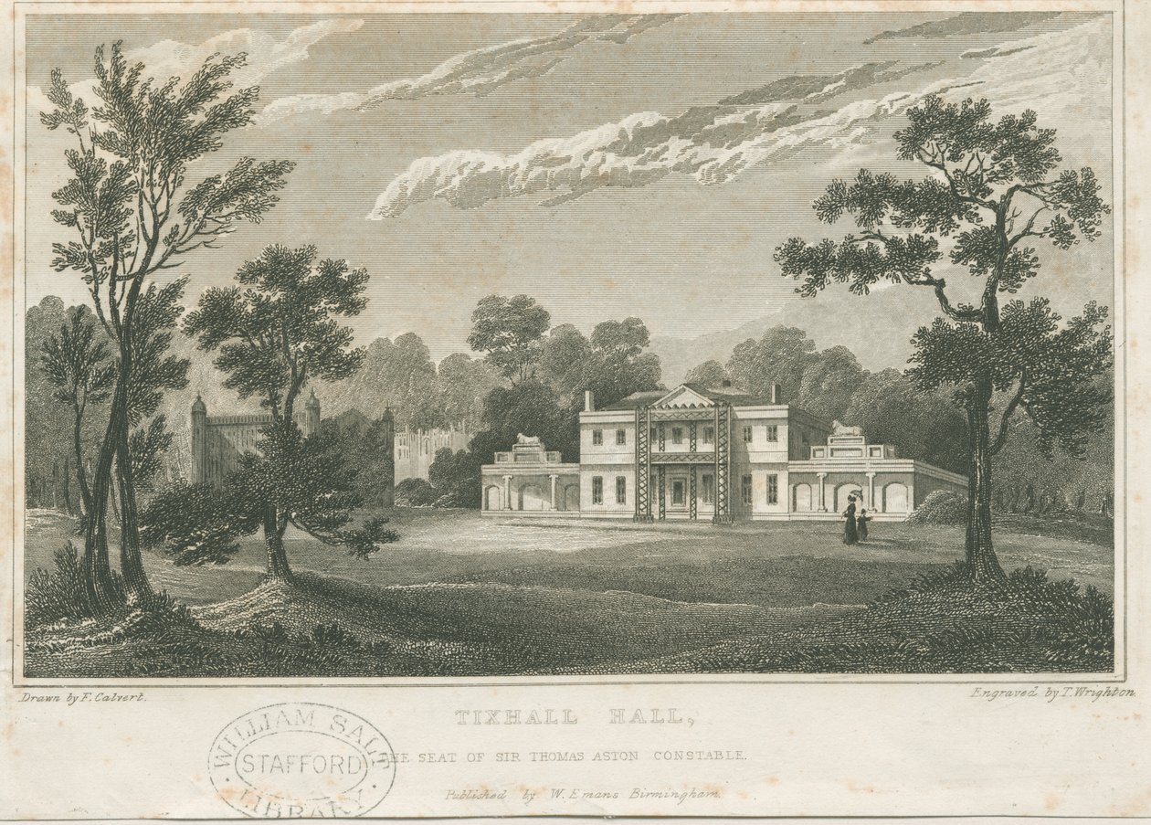 Tixall Hall: kaiverrus, nd [c 1830] (painettu) tekijältä Frederick Calvert