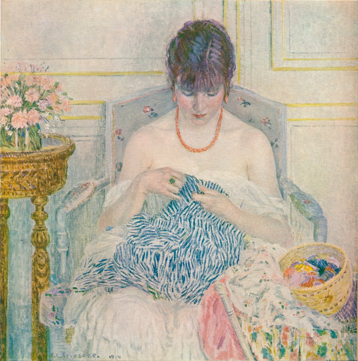 Tyttö ompelu, c1894-1914, 1914 tekijältä Frederick Carl Frieseke