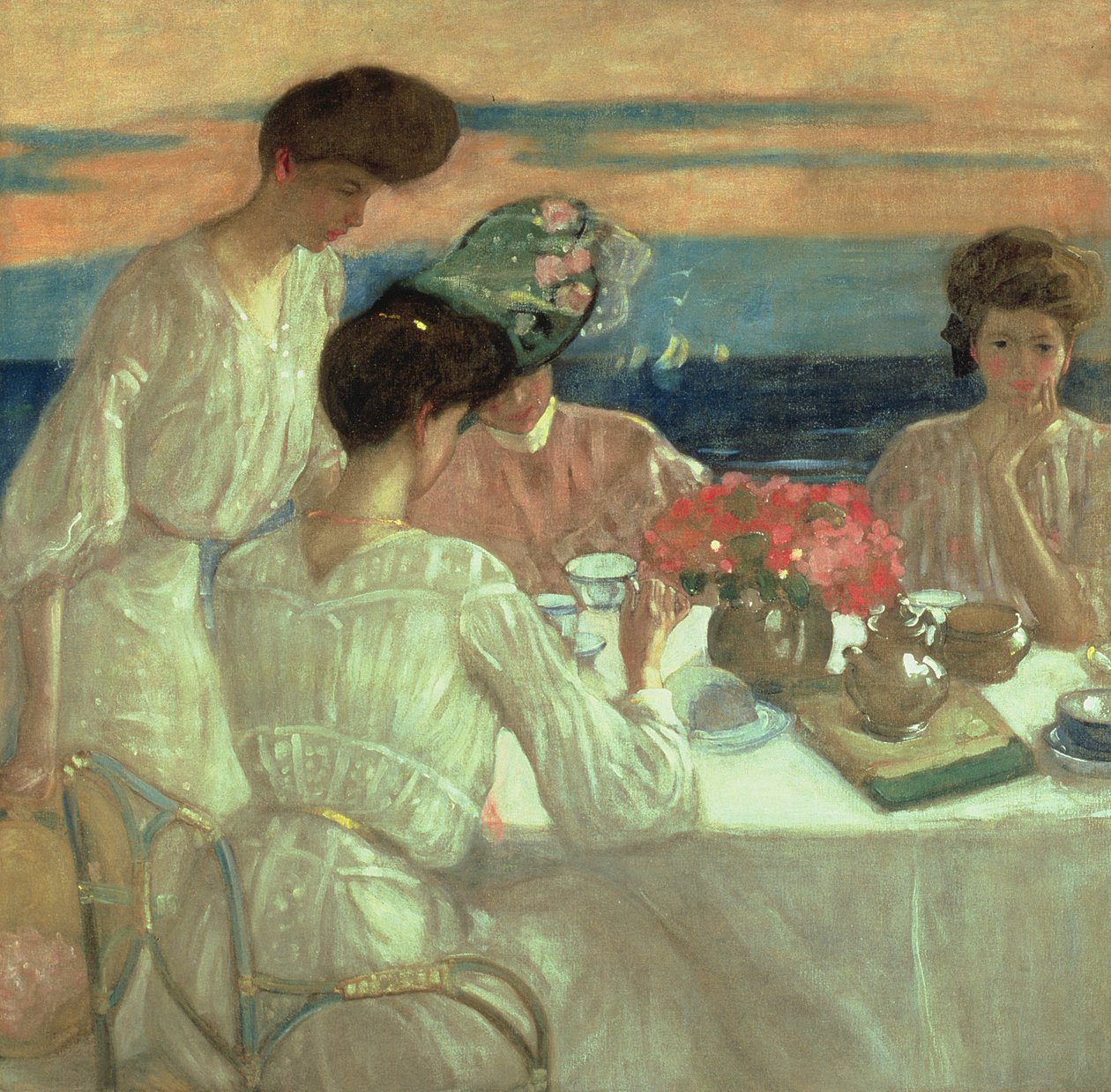 Iltapäivätee terassilla (öljy kankaalle) tekijältä Frederick Carl Frieseke