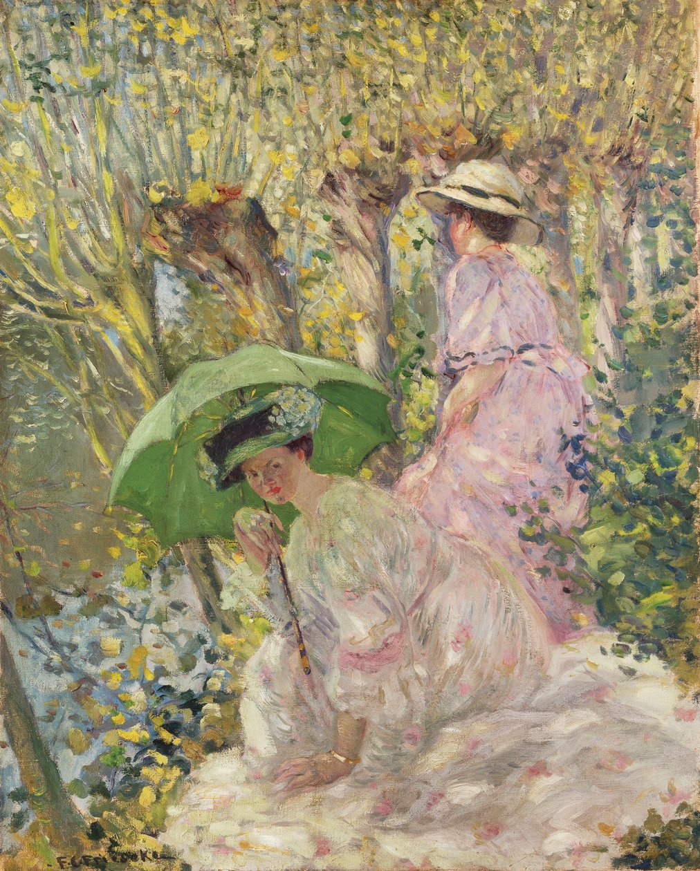 Kaksi nuorta tyttöä puutarhassa, n. 1911 (öljy kankaalle) tekijältä Frederick Carl Frieseke