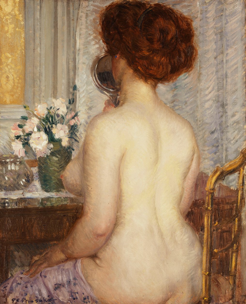 Nainen peilipöydän ääressä tekijältä Frederick Carl Frieseke