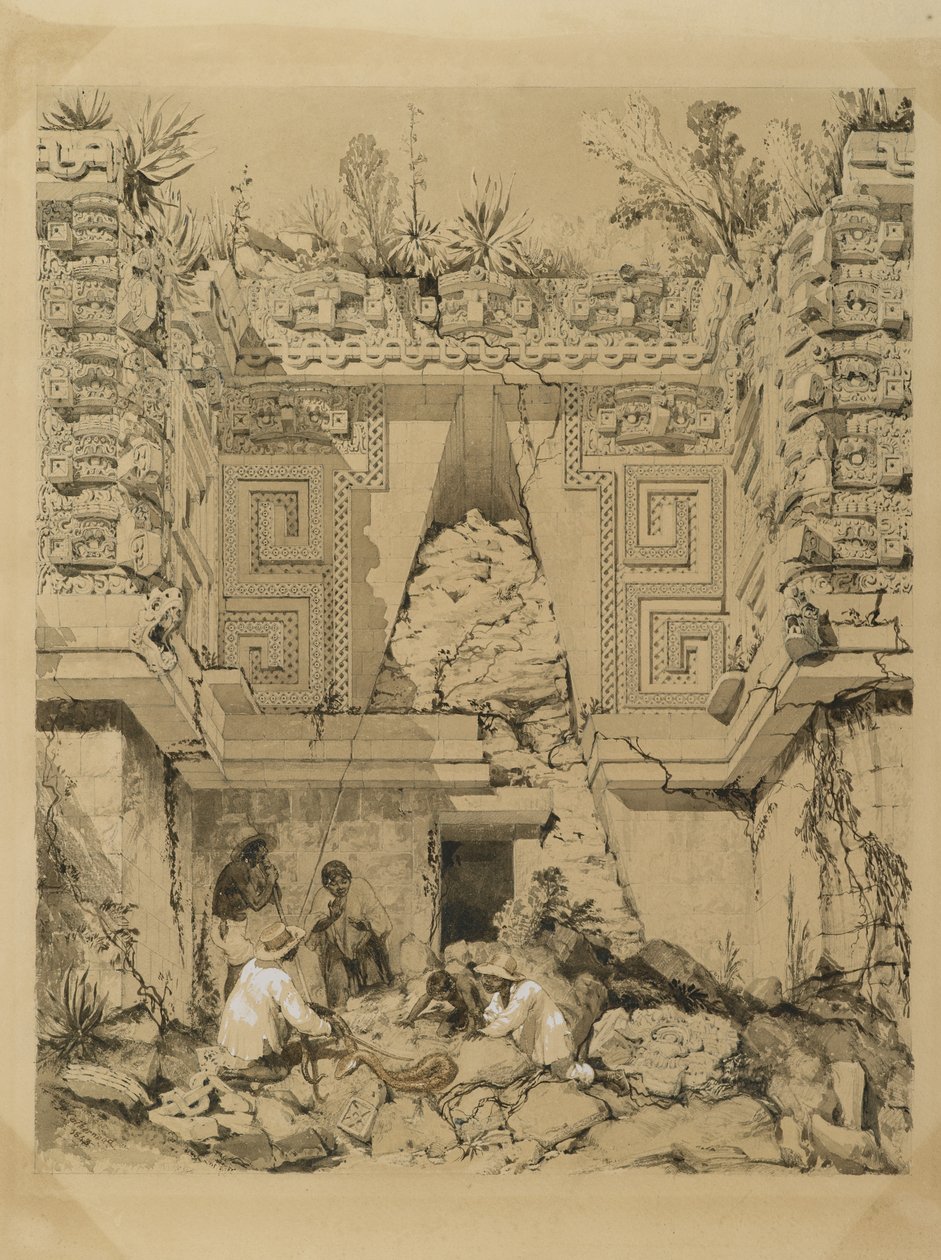 Archway, Casa del Gobernador, Uxmal, Yucatan, 1843 (seepiamuste ja pesu kudospaperilla) tekijältä Frederick Catherwood