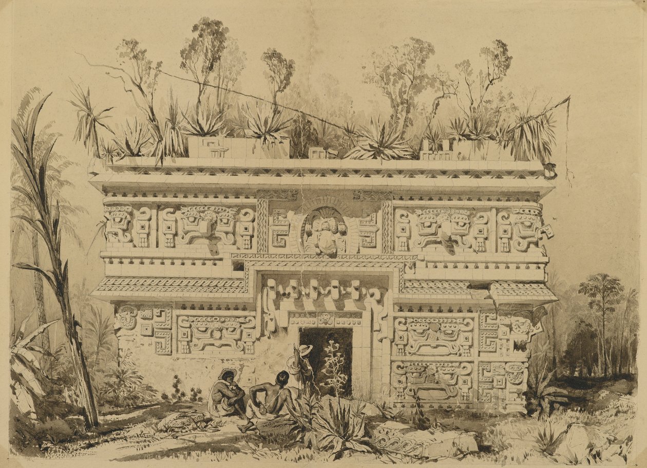 Las Monjas, Chichen Itza, Yucatan, 1843 (seepiamuste ja pesu kudottupaperille) tekijältä Frederick Catherwood