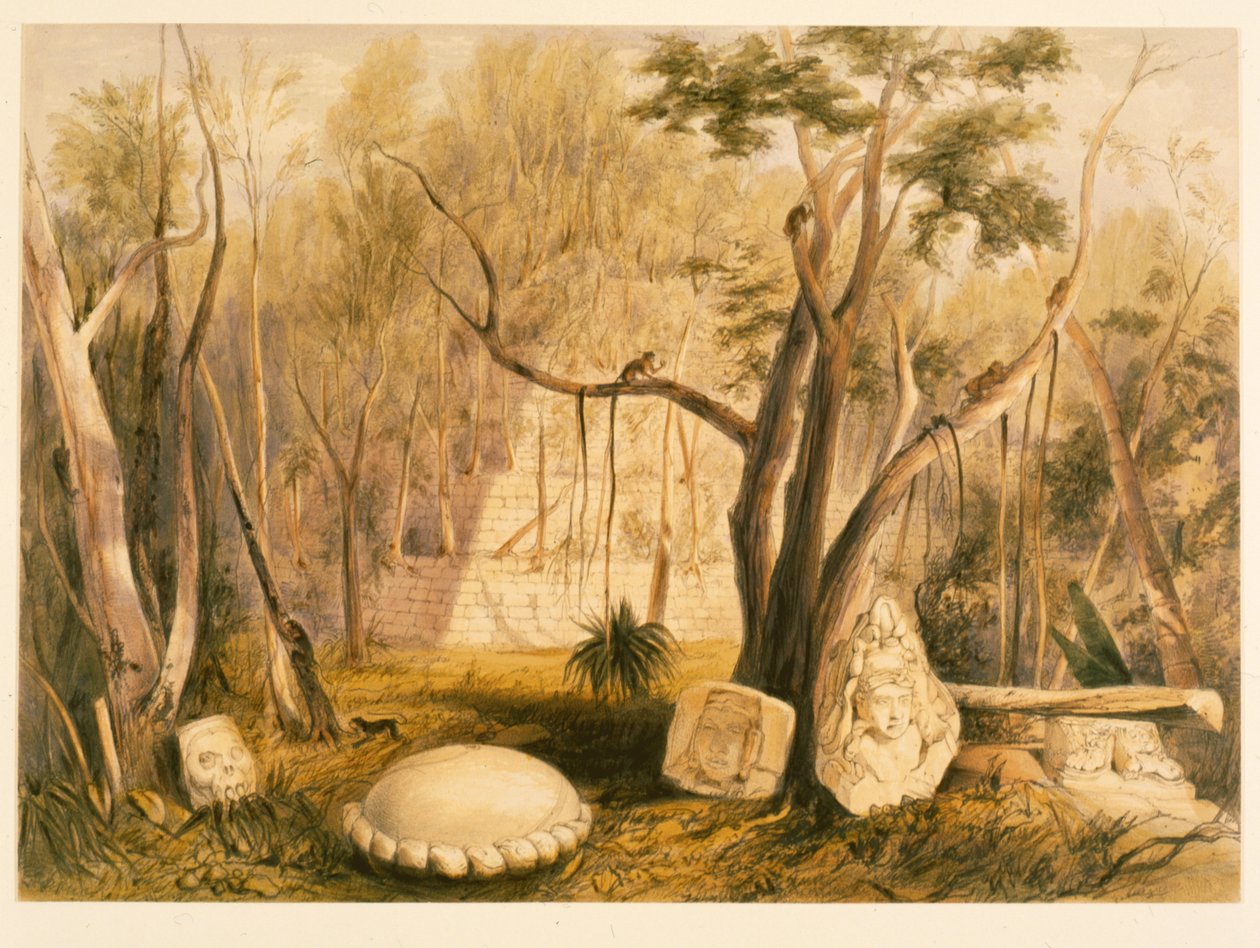 Pyramidirakennus ja veistoksen katkelma Copanissa, kuvitus John Lloyd Stephensin teoksesta 