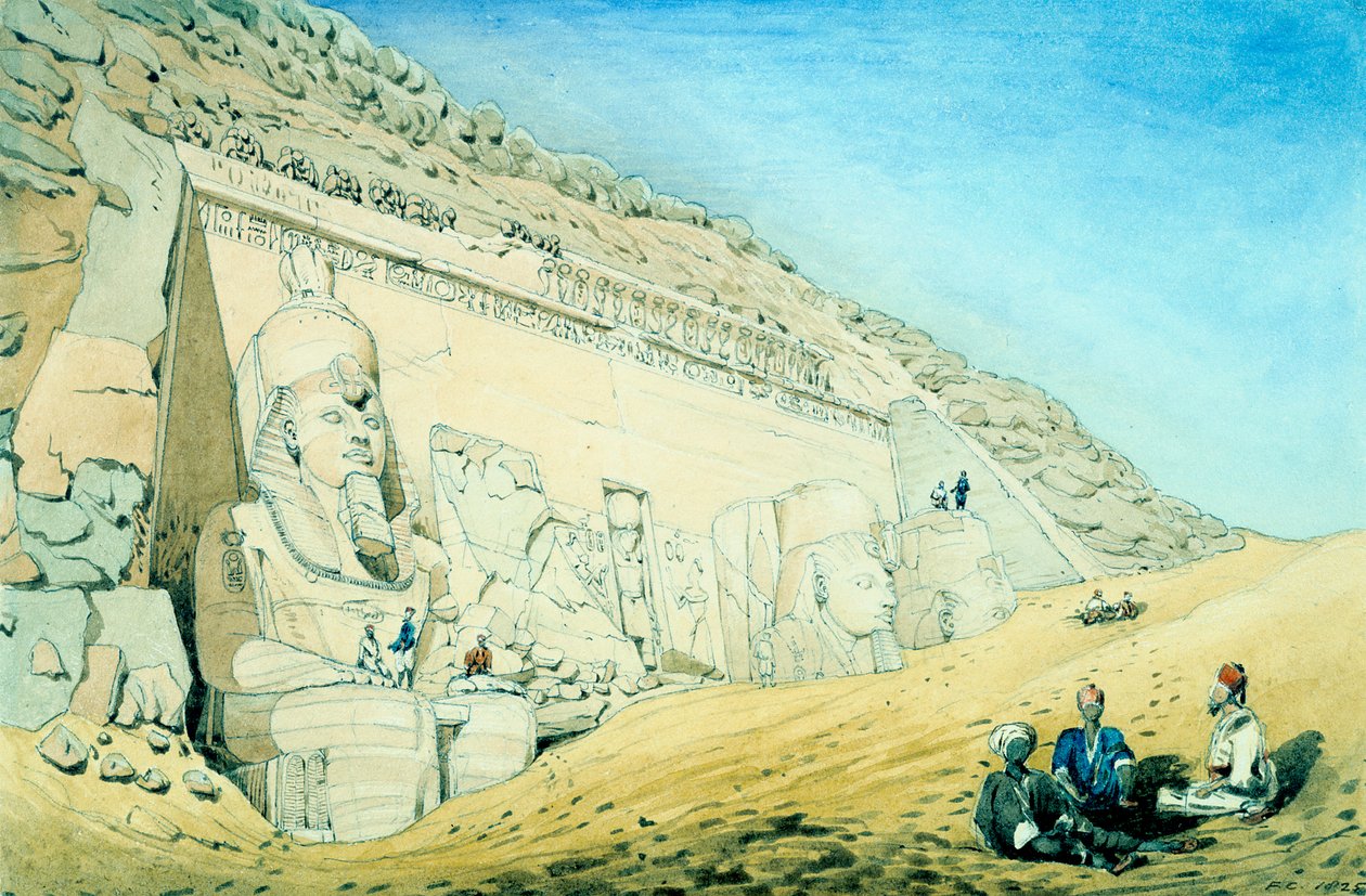 Ramses II:n patsaat Abu Simbelin, Egyptin päätemppelin sisäänkäynnin ulkopuolella, 1200-luvulla eKr. tekijältä Frederick Catherwood