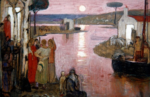 Ilta-idylli, n. 1910 (tempera mustalla värikynällä aluksella) tekijältä Frederick Cayley Robinson