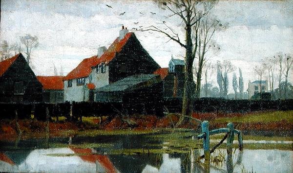 Maatilan rakennukset, noin 1889 (öljy kankaalle) tekijältä Frederick Cayley Robinson