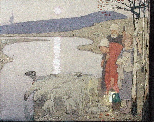 Pastoraali, n. 1923 (grafiitti, akvarelli ja guassi aluksella) tekijältä Frederick Cayley Robinson