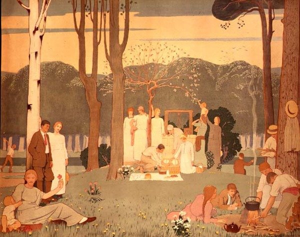 Piknik-kohtaus (juliste) tekijältä Frederick Cayley Robinson