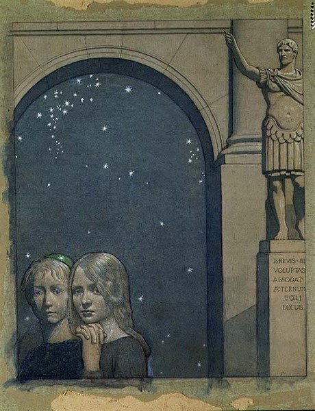 Lapset saapuvat Luxury Palaceen, luultavasti Maeterlinckin "The Bluebird" -kirjasta tekijältä Frederick Cayley Robinson