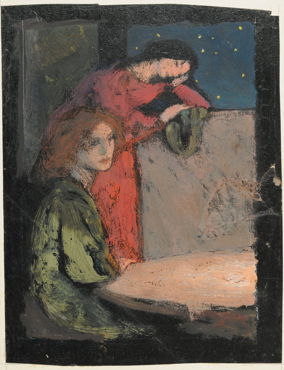 Kaksi tyttöä pöydän ääressä Varo tähtiyötä, 1905 (tempera kortissa) tekijältä Frederick Cayley Robinson