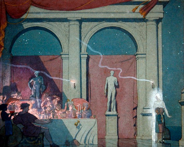 Tyltyl kääntää timanttia, kuvitus näytöksestä IV kohtaus IV Maurice Maeterlinckin "Sininen lintu, satunäytelmä kuudessa näytöksessä", julkaistu Lontoossa 1911 (akvarelli, lyijykynä ja vartaloväri paperille) tekijältä Frederick Cayley Robinson