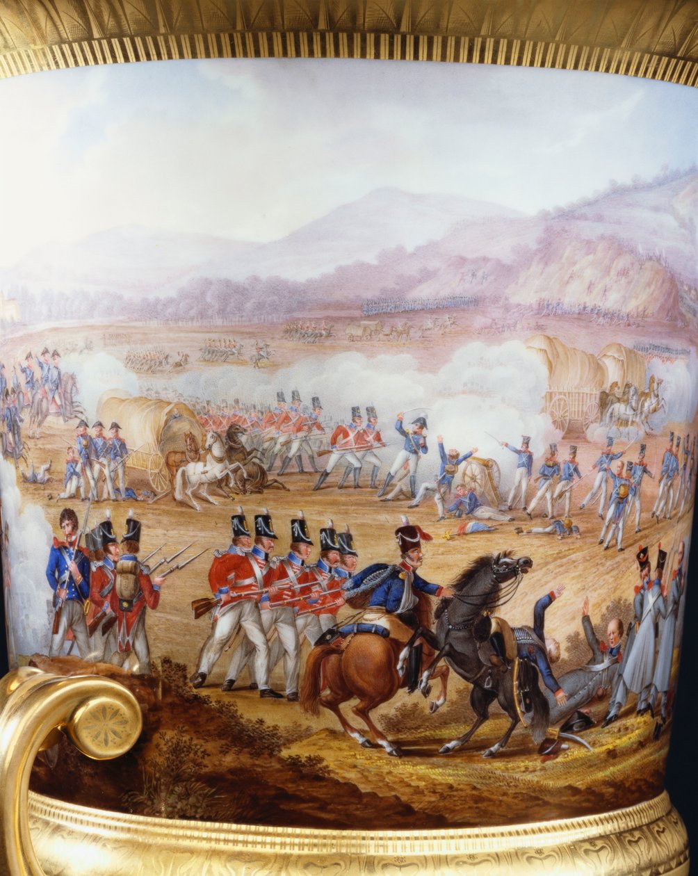 Yksityiskohta Berliinin kultahiotusta kapeasta campana-maljakosta ja Wellington Service -tyyppisestä sokkelista, vuodelta 1817, maalattu kohtauksella Vittorian taistelusta, 1817 tekijältä Frederick Christian Lewis