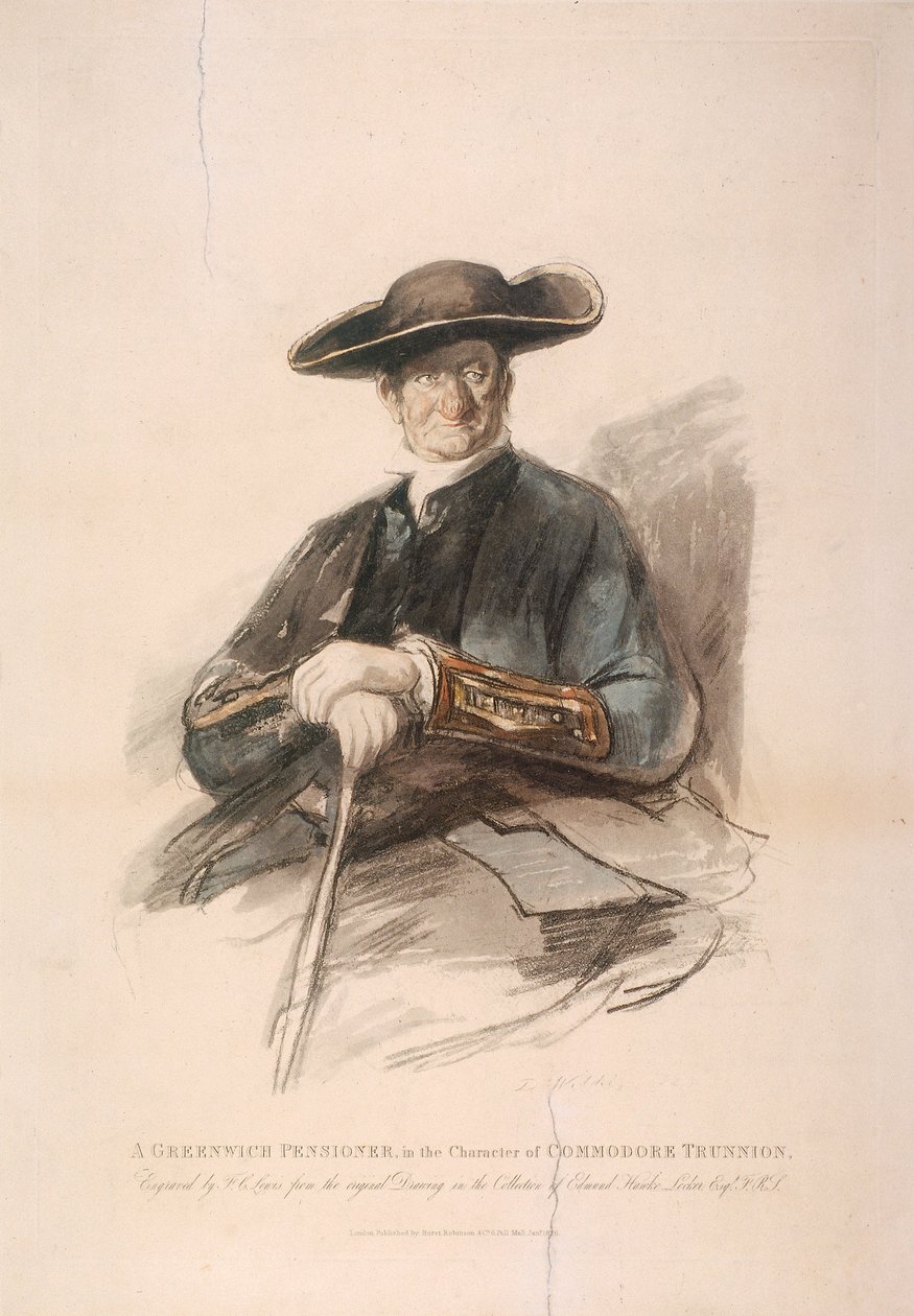 "Greenwich Pensioner Commodore Trunionin hahmossa", Greenwich Hospital, Lontoo, 1826 tekijältä Frederick Christian Lewis
