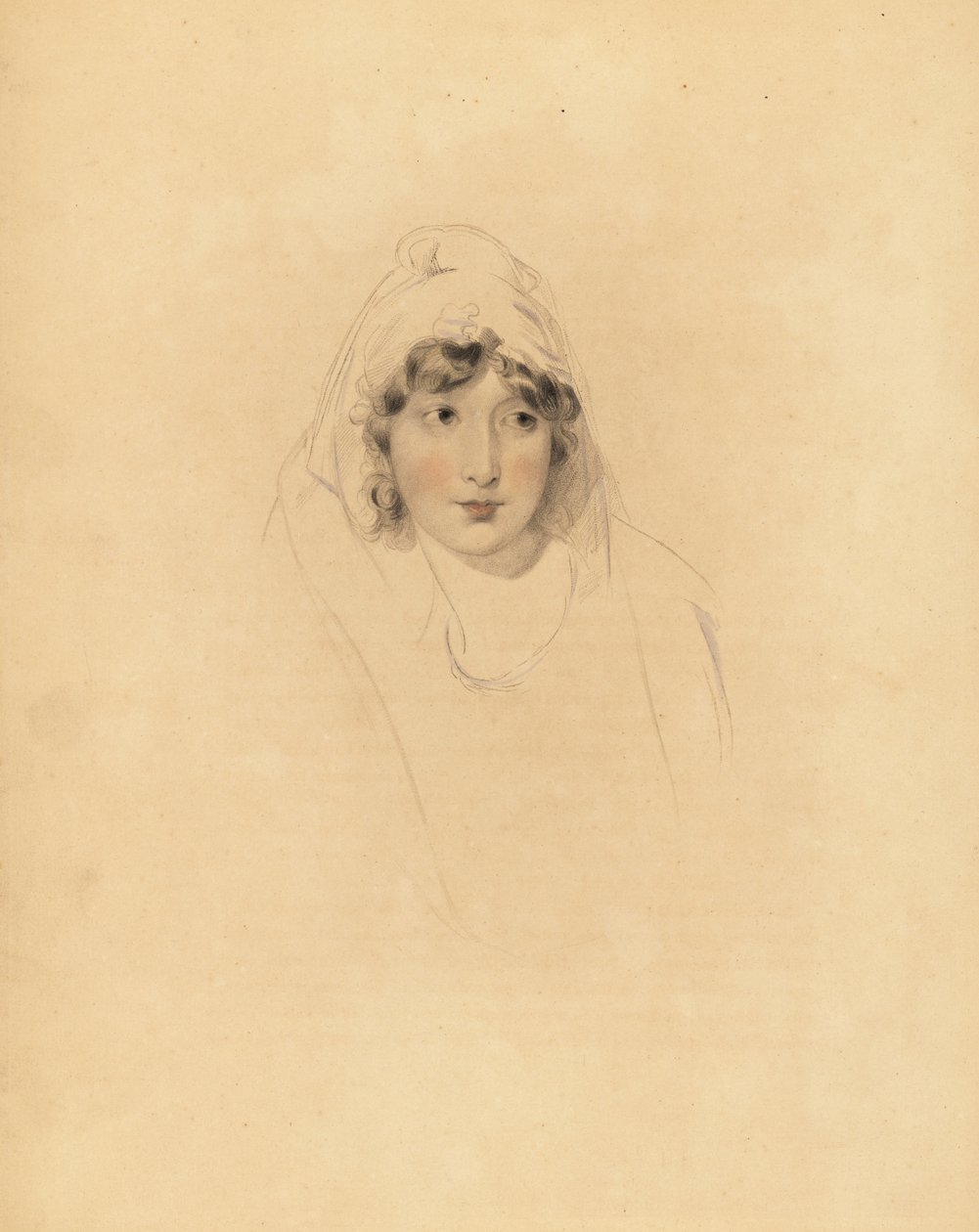 Lady Augusta Lowtherin muotokuva, Fanen kreivitär, Lonsdalen ensimmäisen jaarlin vaimo. Frederick Christian Lewisin käsin sävytetty kaiverrus Sir Thomas Lawrencen kuvituksesta P.G. Patmoren jalokivikaappi, Ackermann, Lontoo tekijältä Frederick Christian Lewis