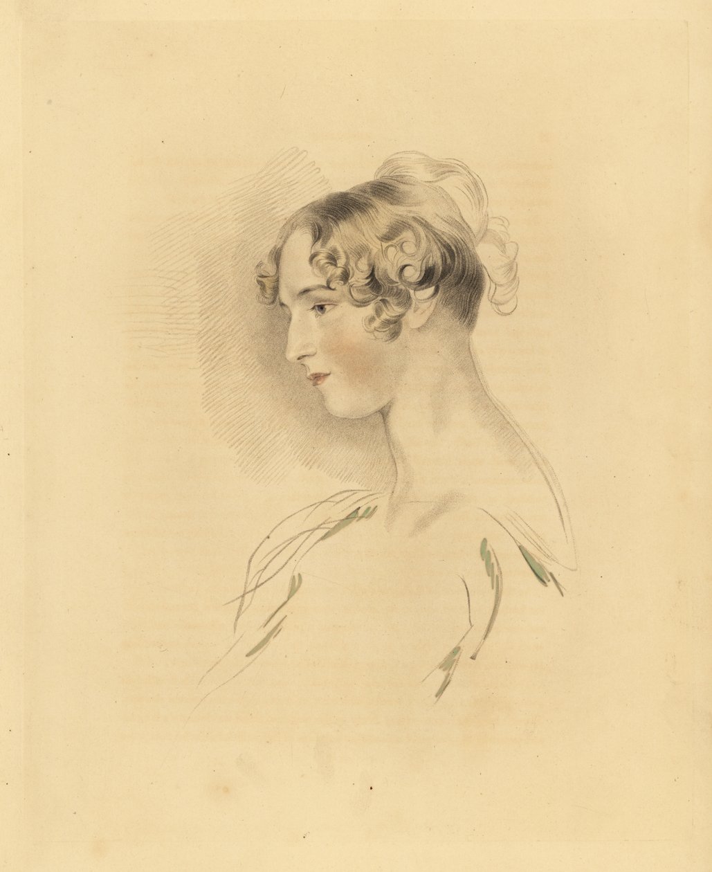 Muotokuva Mary Isabella Bloxamista nuorena naisena, Sir Thomas Lawrencen veljentytär. Hiukset ylhäällä ja kiharrettuina, olkapäiden mekossa. Frederick Christian Lewisin kaiverrus Sir Thomas Lawrencen P.G. Patmoren kabinetti G tekijältä Frederick Christian Lewis