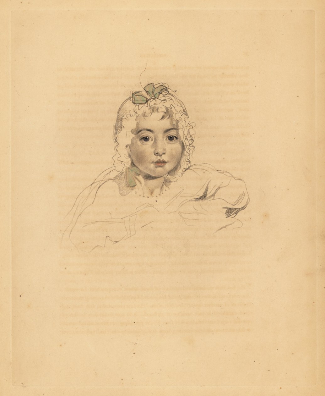 Muotokuva Mary Isabella Bloxamista, Sir Thomas Lawrencen veljentytärtä. Konepellissä nauhalla. Frederick Christian Lewisin käsin sävytetty kaiverrus Sir Thomas Lawrencen kuvituksesta P.G. Patmoren jalokivikaappi, Ackermann, Lontoo tekijältä Frederick Christian Lewis