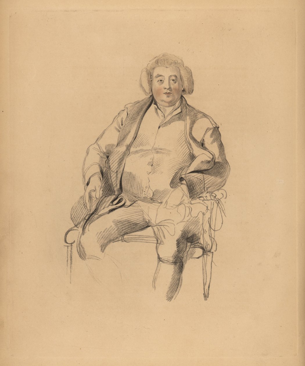 Sir Thomas Lawrencen isän, majatalonhoitaja Thomas Lawrencen muotokuva. Peruukkipukuinen mies istuu tuolilla. Frederick Christian Lewisin käsin sävytetty kaiverrus Sir Thomas Lawrencen kuvituksesta P.G. Patmoren jalokivikaappi, Ackermann, Lontoo tekijältä Frederick Christian Lewis