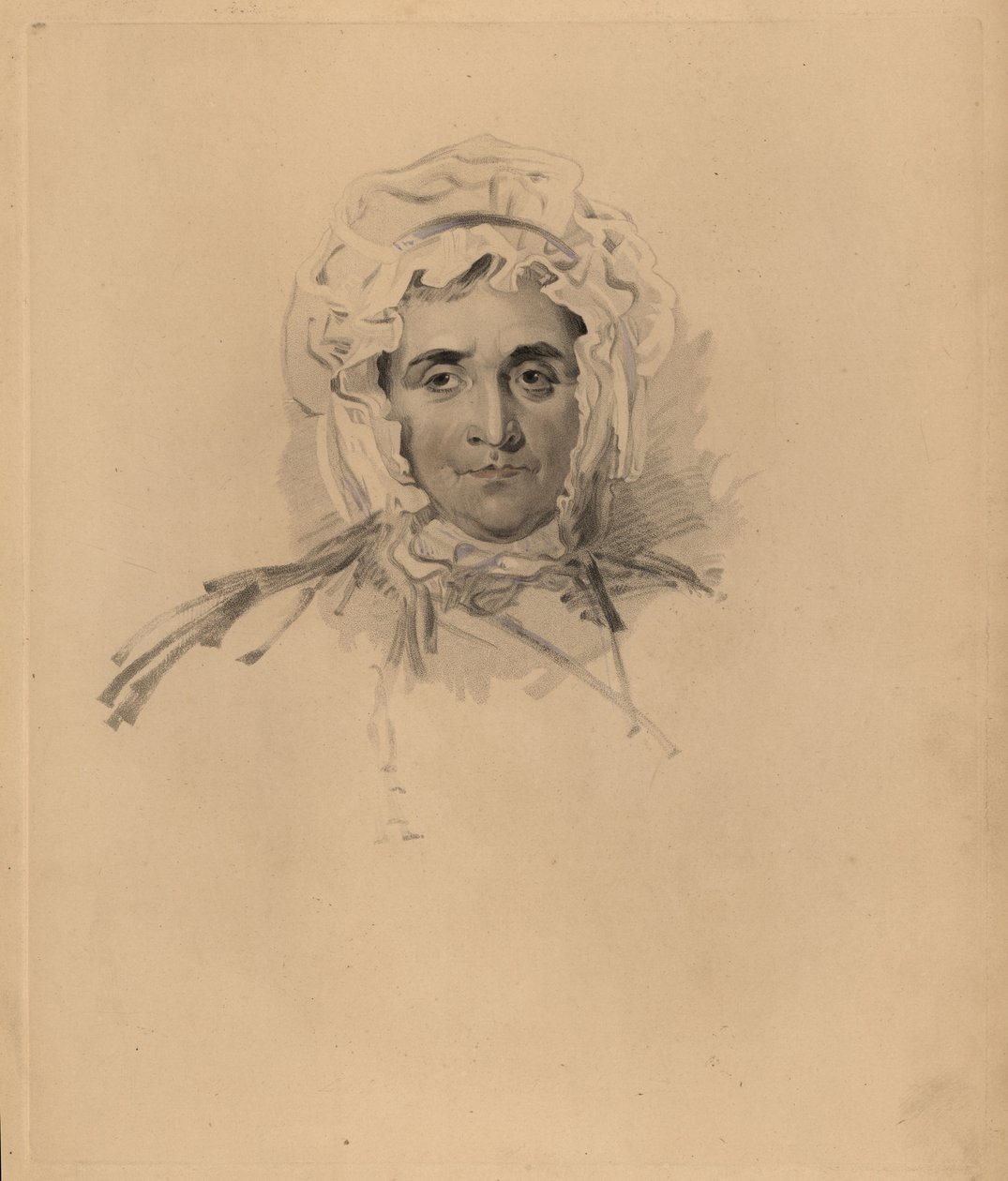 Sir Thomas Lawrencen äidin Lucy Readin muotokuva lähellä kuolemaa. Konepellillä ja korkea-aukkoisella mekolla. Frederick Christian Lewisin käsin sävytetty kaiverrus Sir Thomas Lawrencen kuvituksesta P.G. Patmoren jalokivikaappi, Ackermann, Lontoo tekijältä Frederick Christian Lewis
