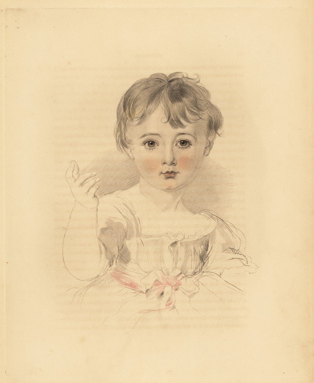 Thomas Lawrence Bloxamin muotokuva, Sir Thomas Lawrencen veljenpoika. Vaaleanpunaisella nauhalla sidottu mekko. Frederick Christian Lewisin käsin sävytetty kaiverrus Sir Thomas Lawrencen kuvituksesta P.G. Patmoren jalokivikaappi, Ackermann, Lontoo tekijältä Frederick Christian Lewis