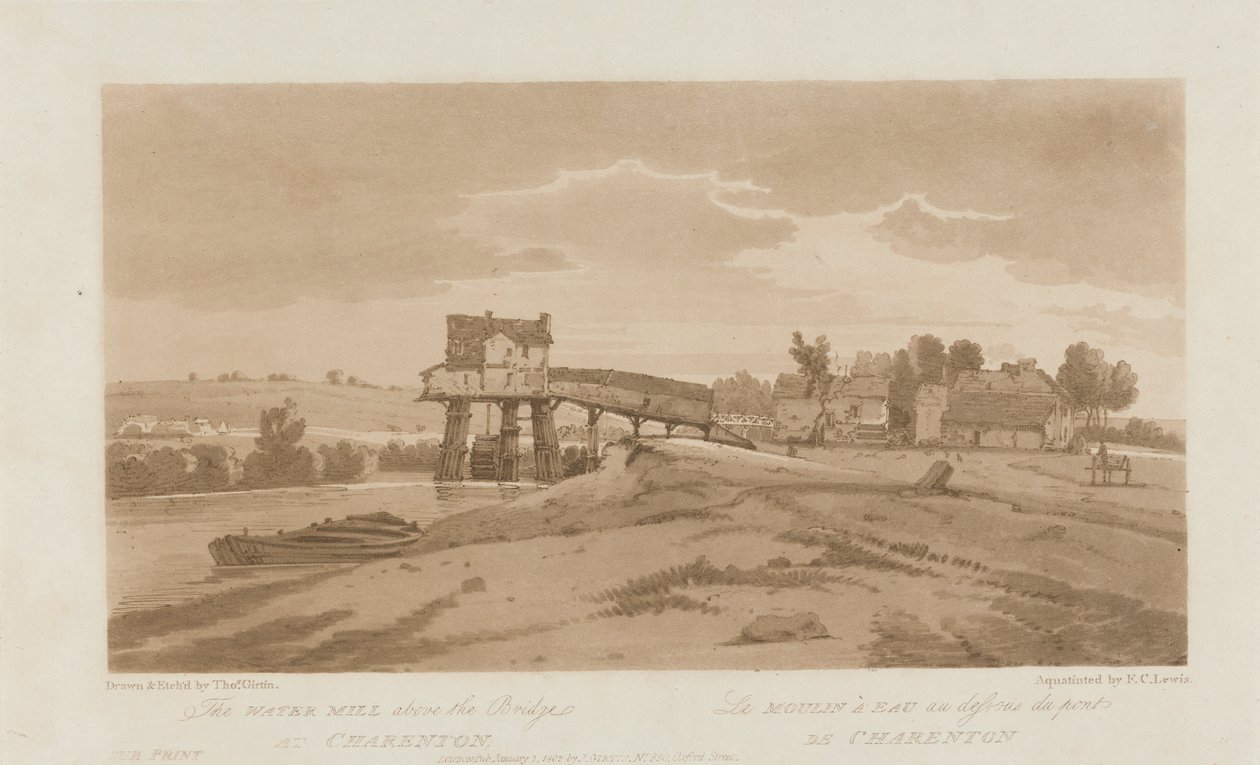 Vesimylly sillan yläpuolella Charentonissa 1803; Kilpi 20 Pariisin Viewsista, Emanuel Volume -jäljitys levystä B181.25.2629 tekijältä Frederick Christian Lewis the Elder