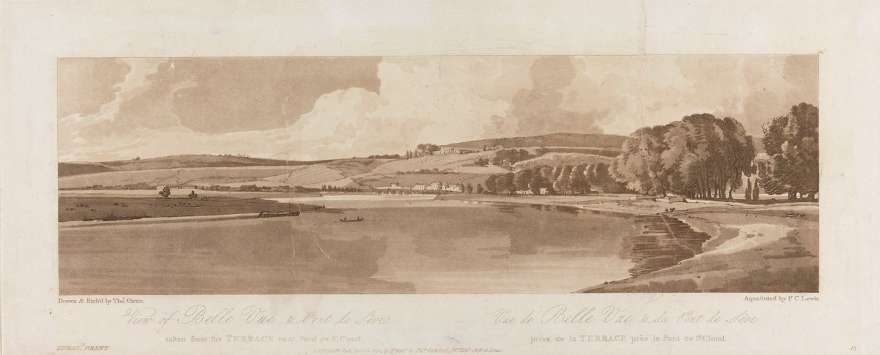 Näkymä Belle Vuelle ja Pont de Sevelle otettu terassilta lähellä Pont de St. Cloudia 1802; Kilpi 13 Näkymät Pariisissa, Emanuel Volume jäljitys levystä B1981.25.2622 tekijältä Frederick Christian Lewis the Elder