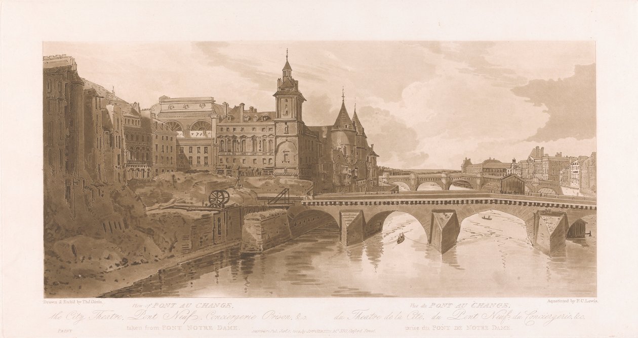 Näkymä Pont au Changelle, Theater de la Citelle, Pont Neufiin ja Conciergerie-vankilaan tekijältä Frederick Christian Lewis the Elder