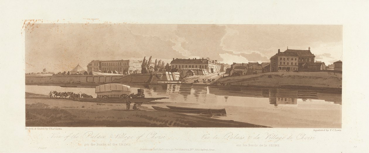 Näkymä Choisin palatsille ja kylään Sienen rannalla 1803; Kilpi 14 Pariisin Viewsista, Emanuel Volume -jäljitys levystä B1981.25.2623 tekijältä Frederick Christian Lewis the Elder