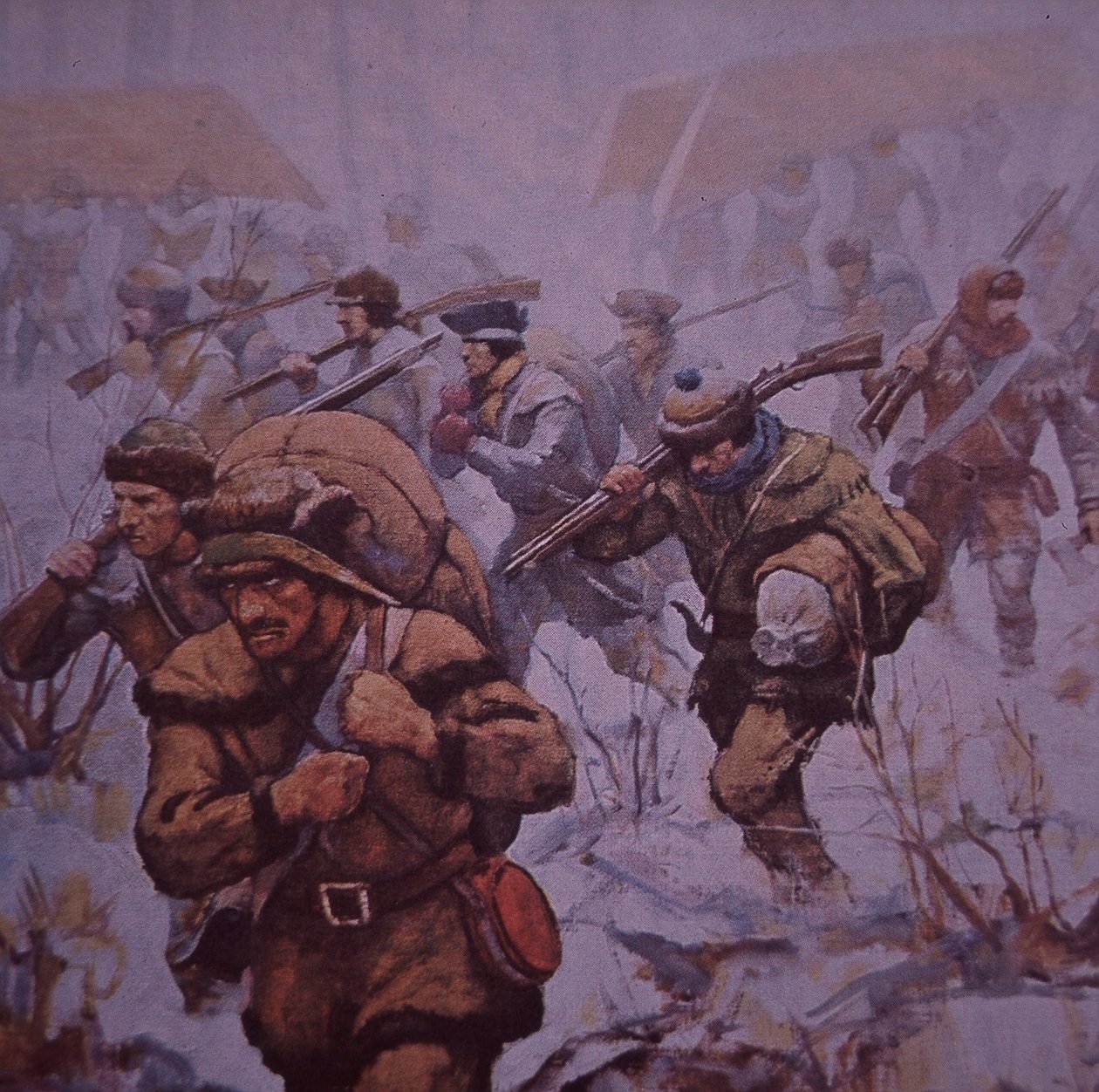 Amerikan hyökkäys Kanadaan. Benedict Arnoldin sotilaat marssivat Bostonista Quebeciin vuonna 1775, n. 1930 (värilitho) tekijältä Frederick Coffay (after) Yohn