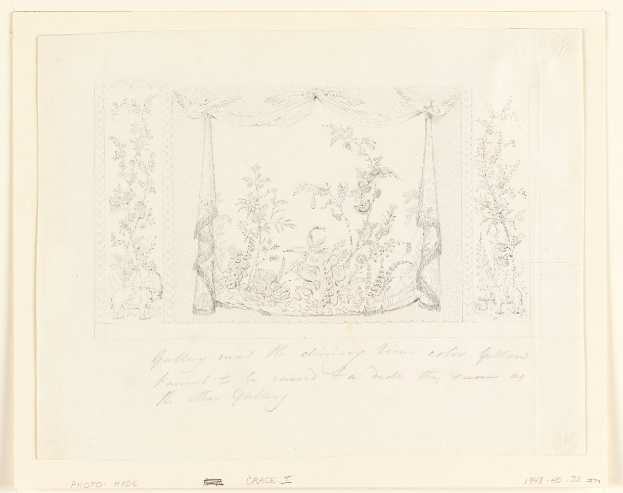 Piirustus, The Royal Pavilion, Brighton, sininen (eteläinen) salonki, seinän koristeluehdotus, n. 1820. tekijältä Frederick Crace