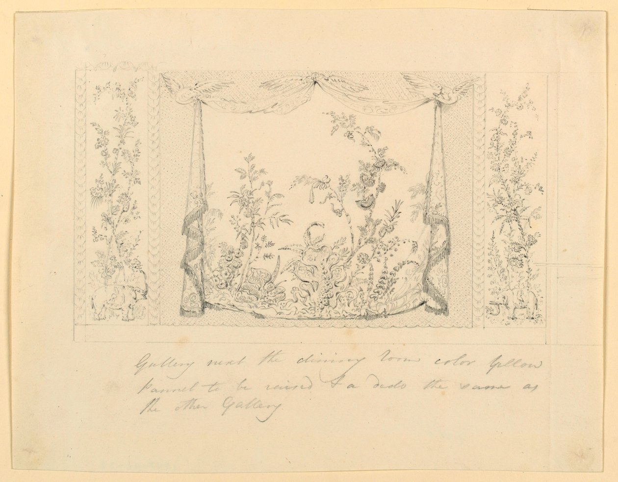 Piirustus, The Royal Pavilion, Brighton, sininen (eteläinen) salonki, seinän koristeluehdotus, n. 1820. tekijältä Frederick Crace