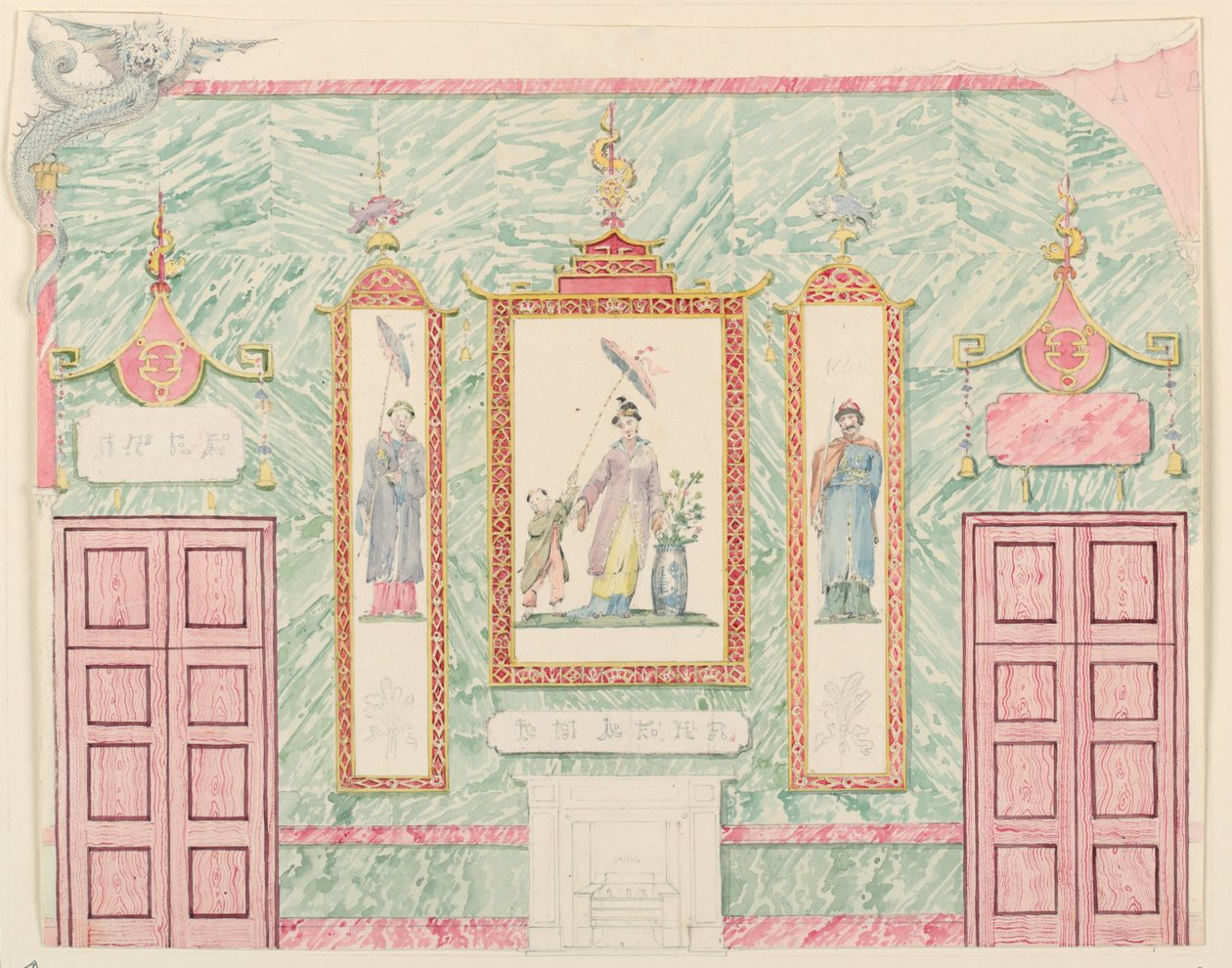 Piirustus, seinän julkisivu, luultavasti juhlasalia varten, Royal Pavilion, Brighton, 1815-22. tekijältä Frederick Crace