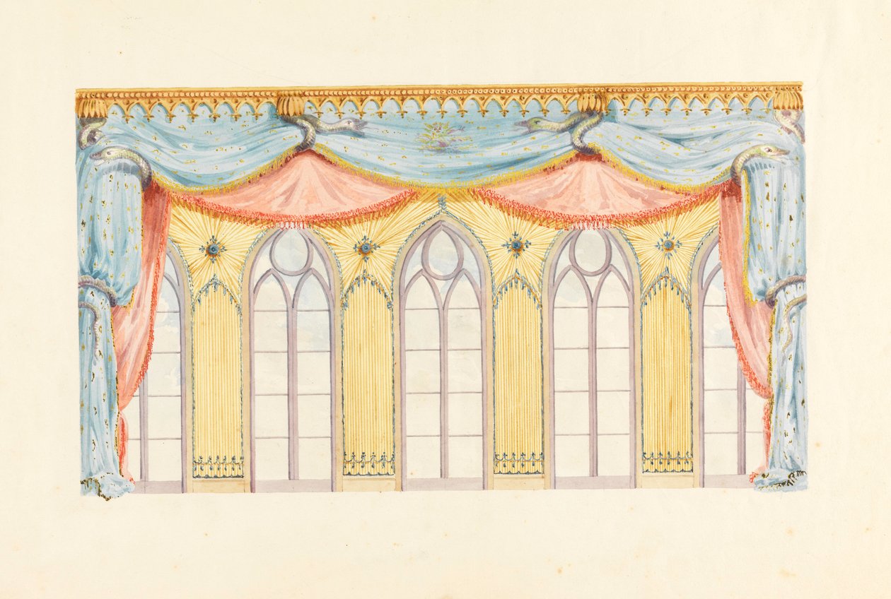 Piirustus, ikkunan koristelu, luultavasti musiikkihuoneen itäseinään, Royal Pavilion, Brighton, 1820. tekijältä Frederick Crace