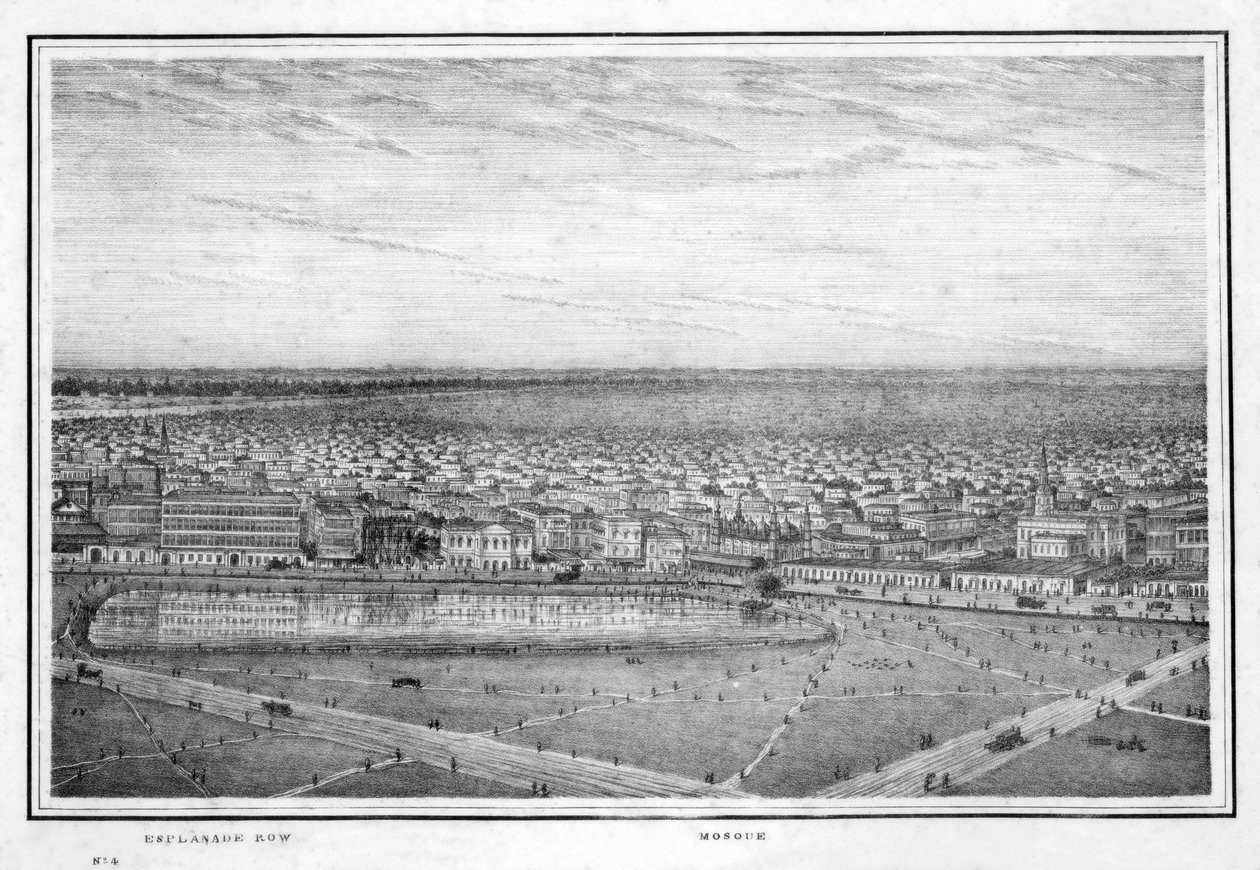 Esplanade Row ja moskeija, panoraama Kalkuttaan, Intia, 1840-luku. tekijältä Frederick Fiebig