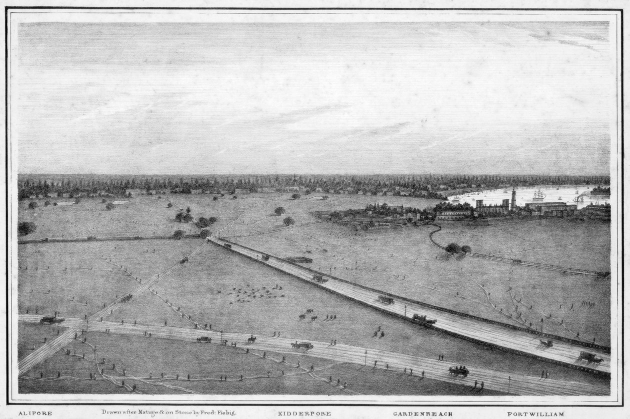 Panoraama Kalkuttaan, Intia, 1840-luku tekijältä Frederick Fiebig
