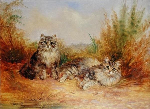 Kaksi Tabby-pentua maaseutumaisemassa (öljyä aluksella) tekijältä Frederick French