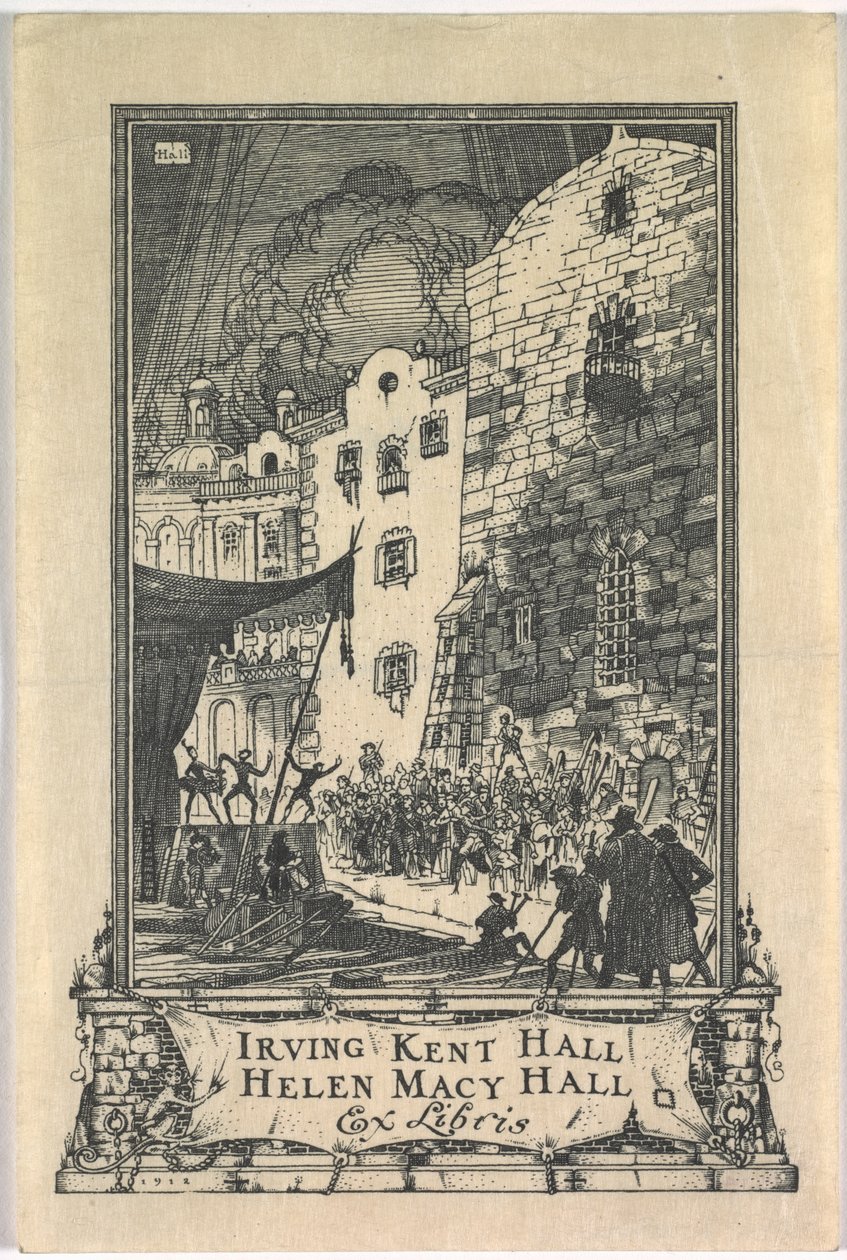 Kirjakilpi: Irving Kent Hall ja Mary Kent Hall, Ex Libris kaiverrettu tekijältä Frederick Garrison Hall