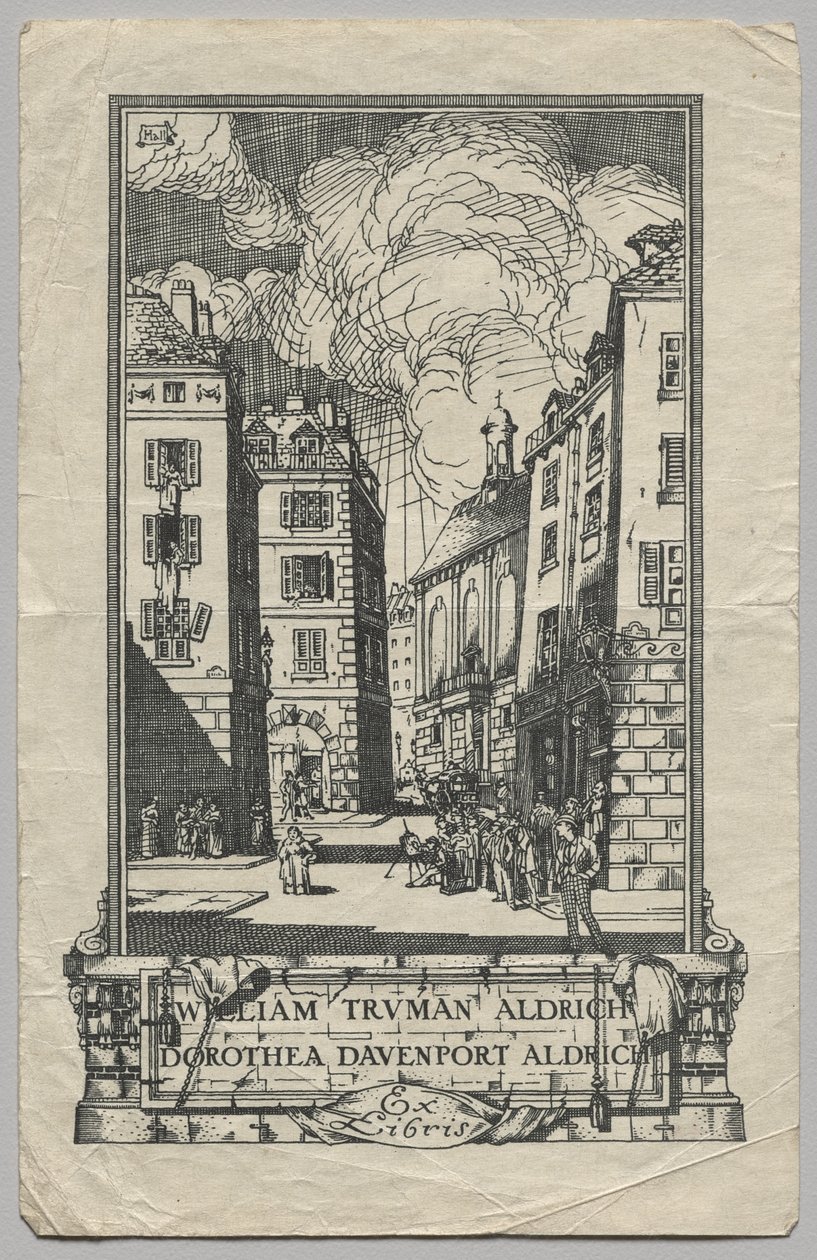 Kirjakilpi: William Truman Aldrich ja Dorthea Davenport Aldrich, Ex Libris kaiverrettu tekijältä Frederick Garrison Hall