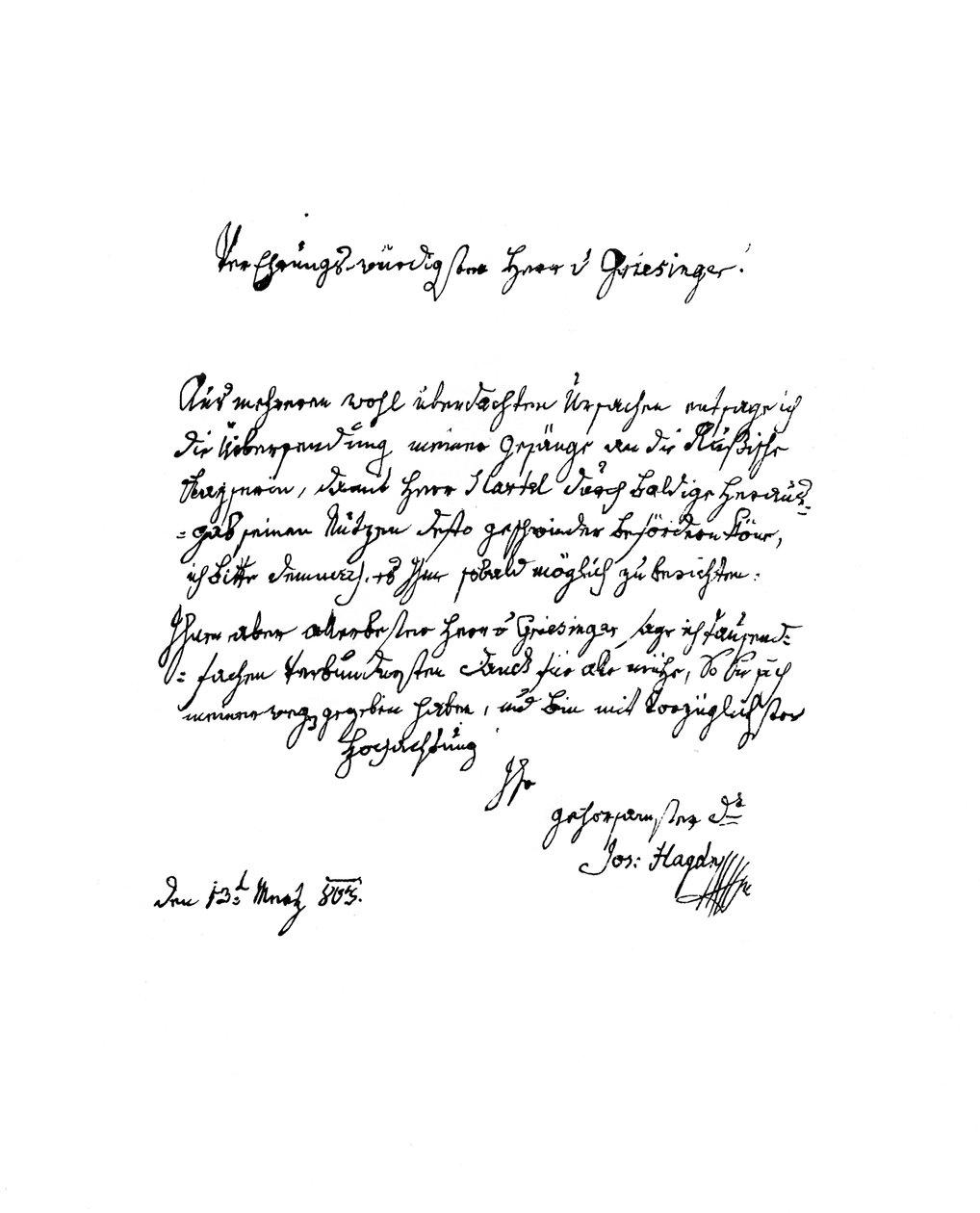Francis Joseph Haydnin kirje herra von Griesingerille, 1803 1865. tekijältä Frederick George Netherclift