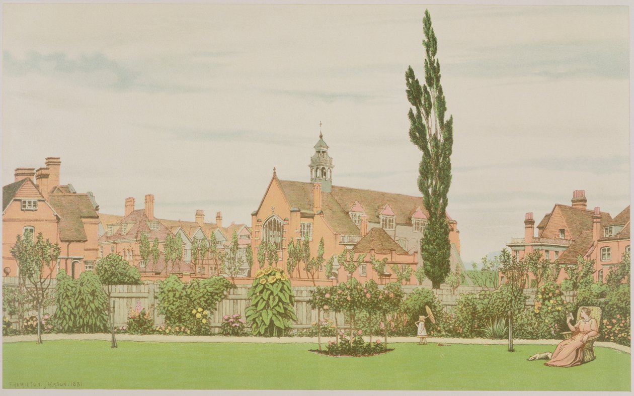 Kirkko ja pappila, Bedford Park, 1881 tekijältä Frederick Hamilton Jackson